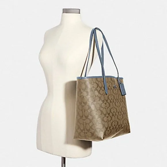 Coach 5696 City Tote In Signature Canvas In Khaki/Marble Blue - Picture 4 of 16